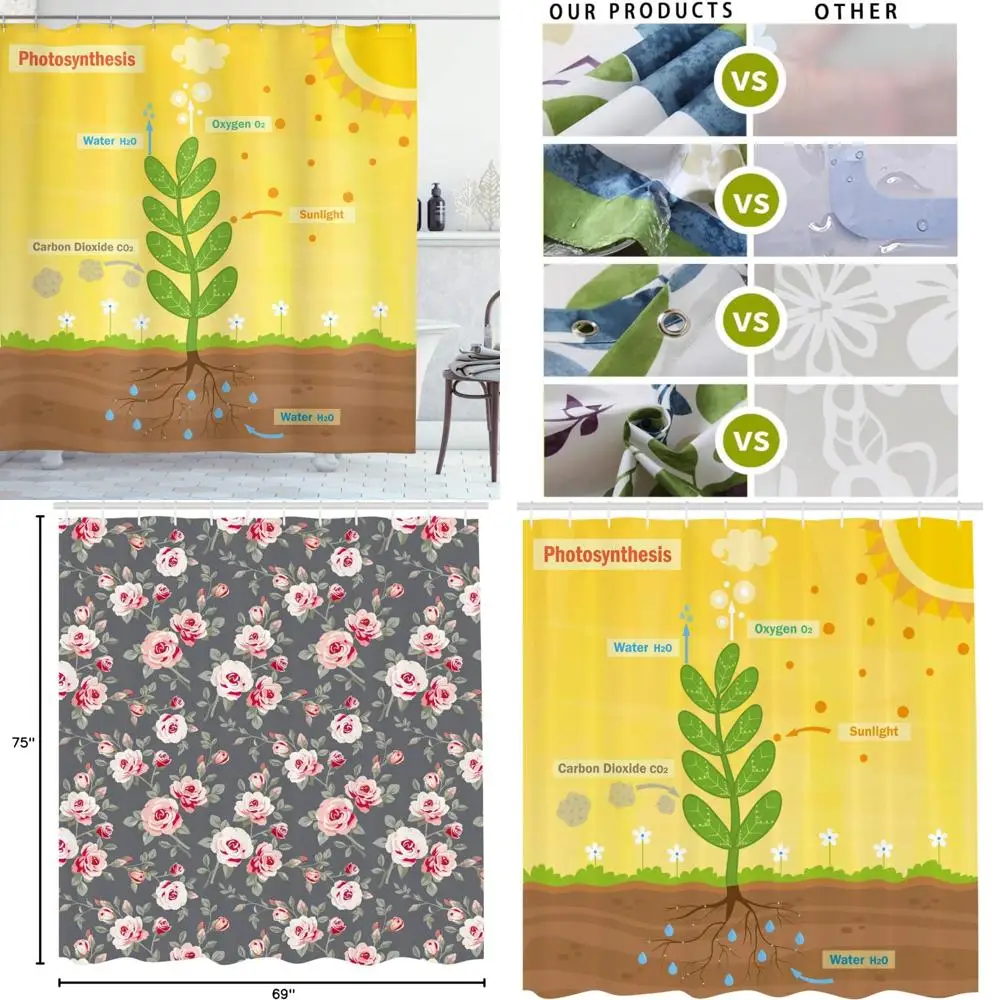 

Яркая занавеска для душа на тему мультфильма: процесс фотосинтеза с солнечным светом, водой, кислородом и CO2