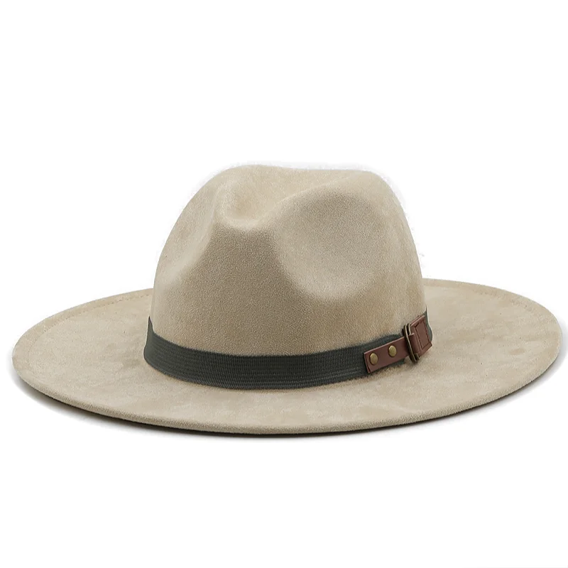 Men Suede Fedora Warm Jazz Hat Chapeau Femme feutre Panaman cap Felt Women Fedora Hats with Pearls Belt Vintage Trilby Caps