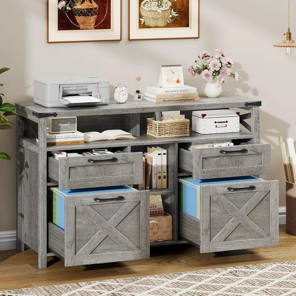 Farmhouse Style 4-Drawer File Cabinet with Adjustable and Open Storage Shelf for Home Office Organization