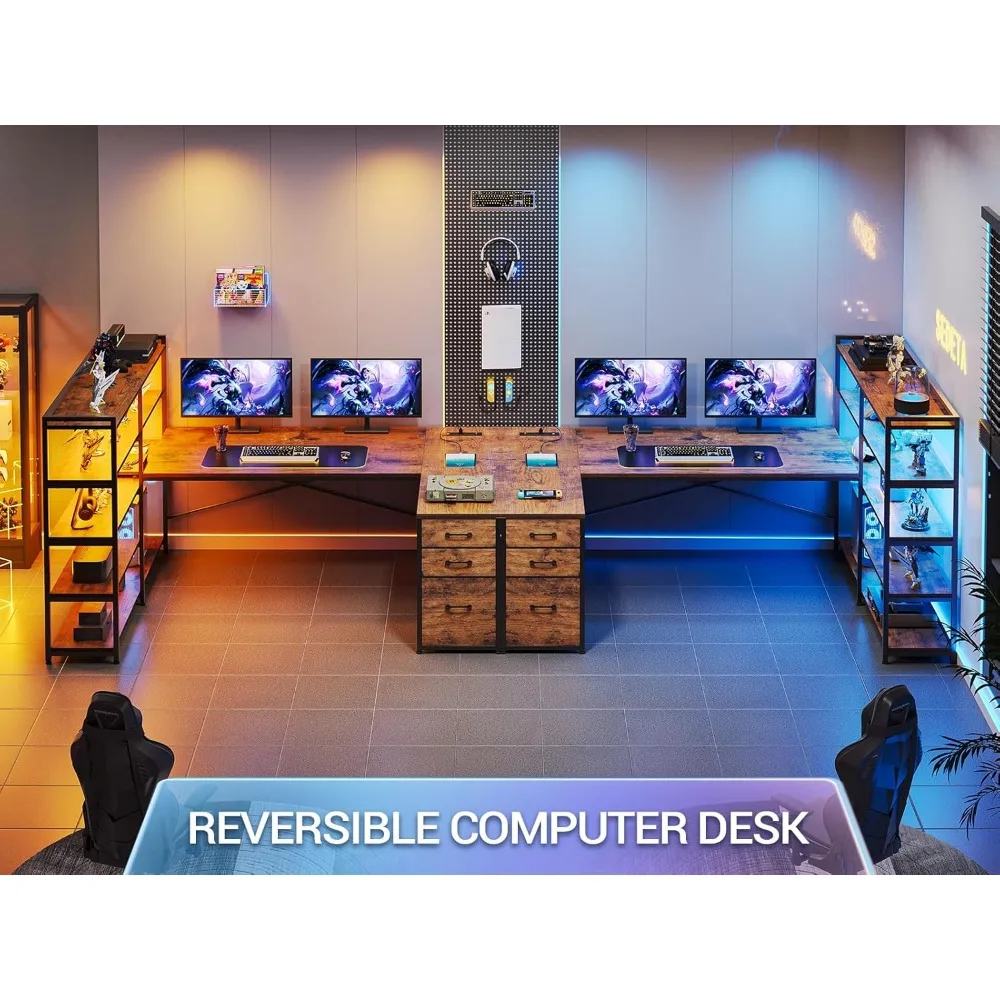 

-For L Shaped Desk with Storage Shelves, 64.5'' Reversible U Shaped Office Desk with 3 Fabric Drawers, Gaming Desk with Power&