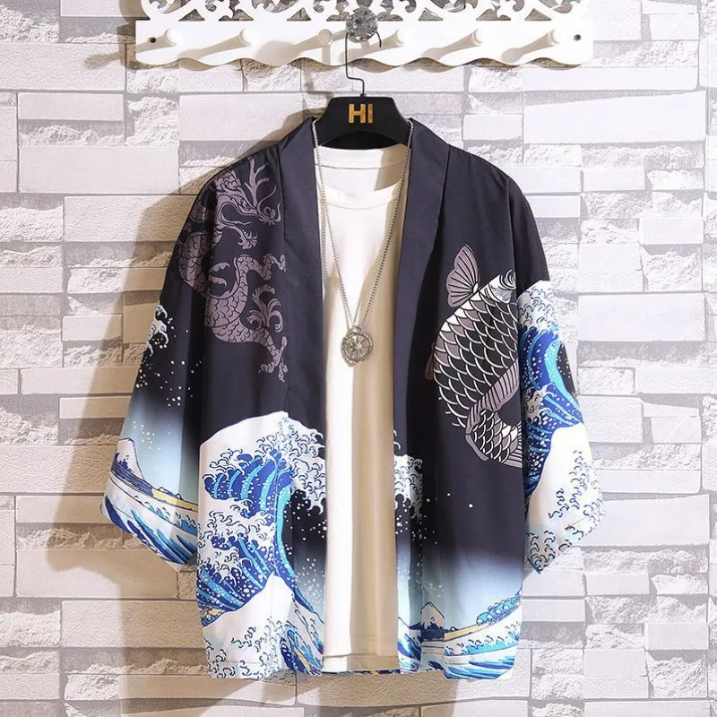 

Men's Summer Green Wave Carp Pattern Kimono Cardigan Women's Japanese Traditional Clothing Plus Size Printed Beach Coat