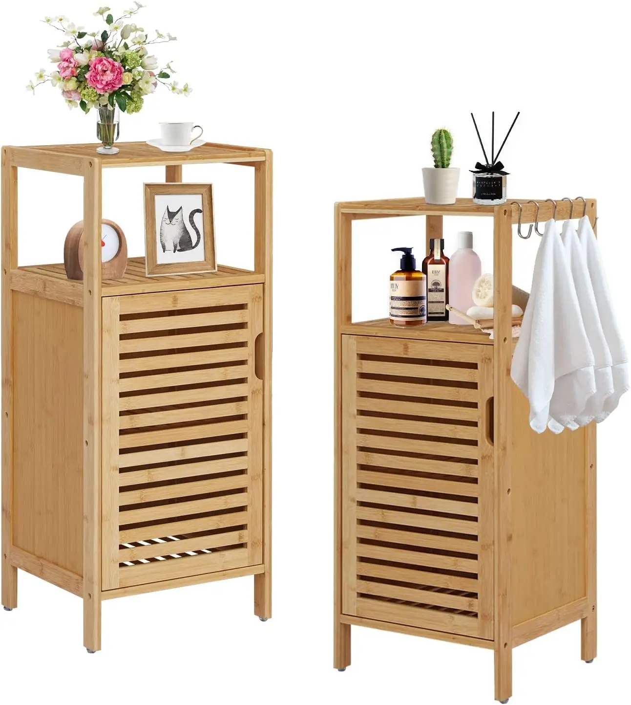 Bamboo Bathroom Floor Cabinet Furniture Set of 2 - Free-Standing Storage Cabinet with Single Door and Shelf