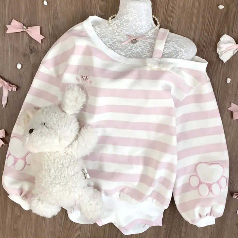 HOUZHOU Kawaii rosa gestreifte Sweatshirts für Damen, Cutecore, schulterfrei, langärmelig, Pullover, süßer japanischer Stil, locker, lässig