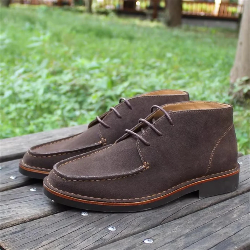 

Men's Casual Desert Boots Suede Flip Out Short Boots Retro Classic Genuine Leather Solid Color Lace Up Chunky Heel High Top Boot