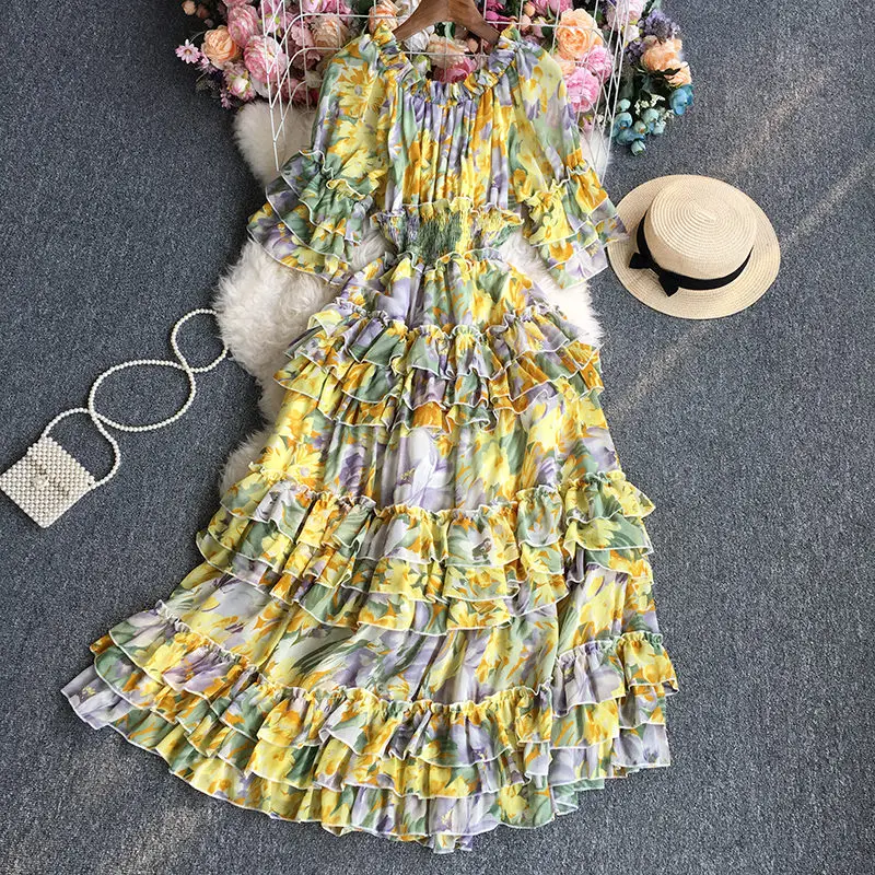 Floral Slash Collar Off The Shoulder Short Sleeve Dress 2023 Spring Summer Fashion Slim Printed Elegant Korean Women Dress T1603