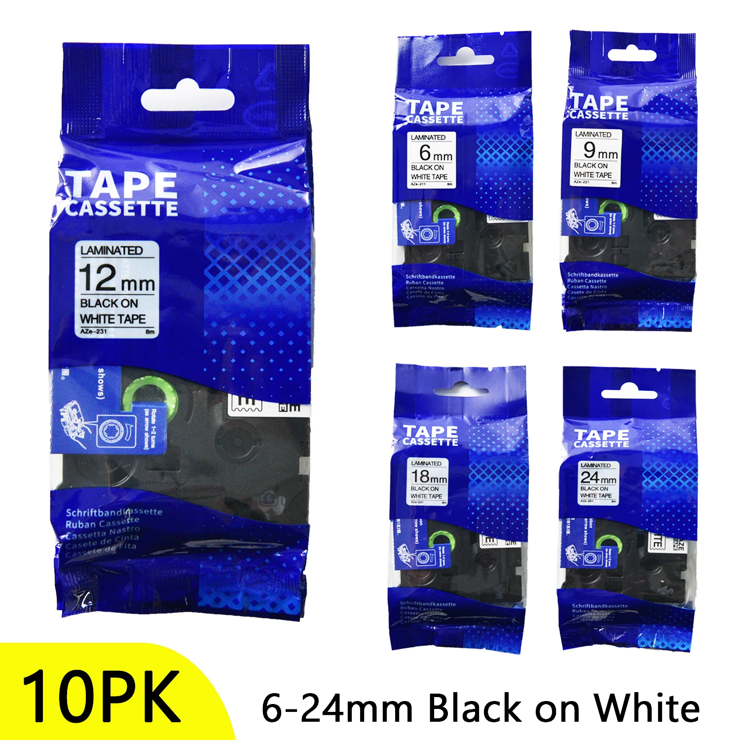 10Pcs Black on White Label Tapes Compatible for Brother TZ e-231 Tze 221 Tz 251 241 Ribbon for Brother PT-H100 E100  P750W