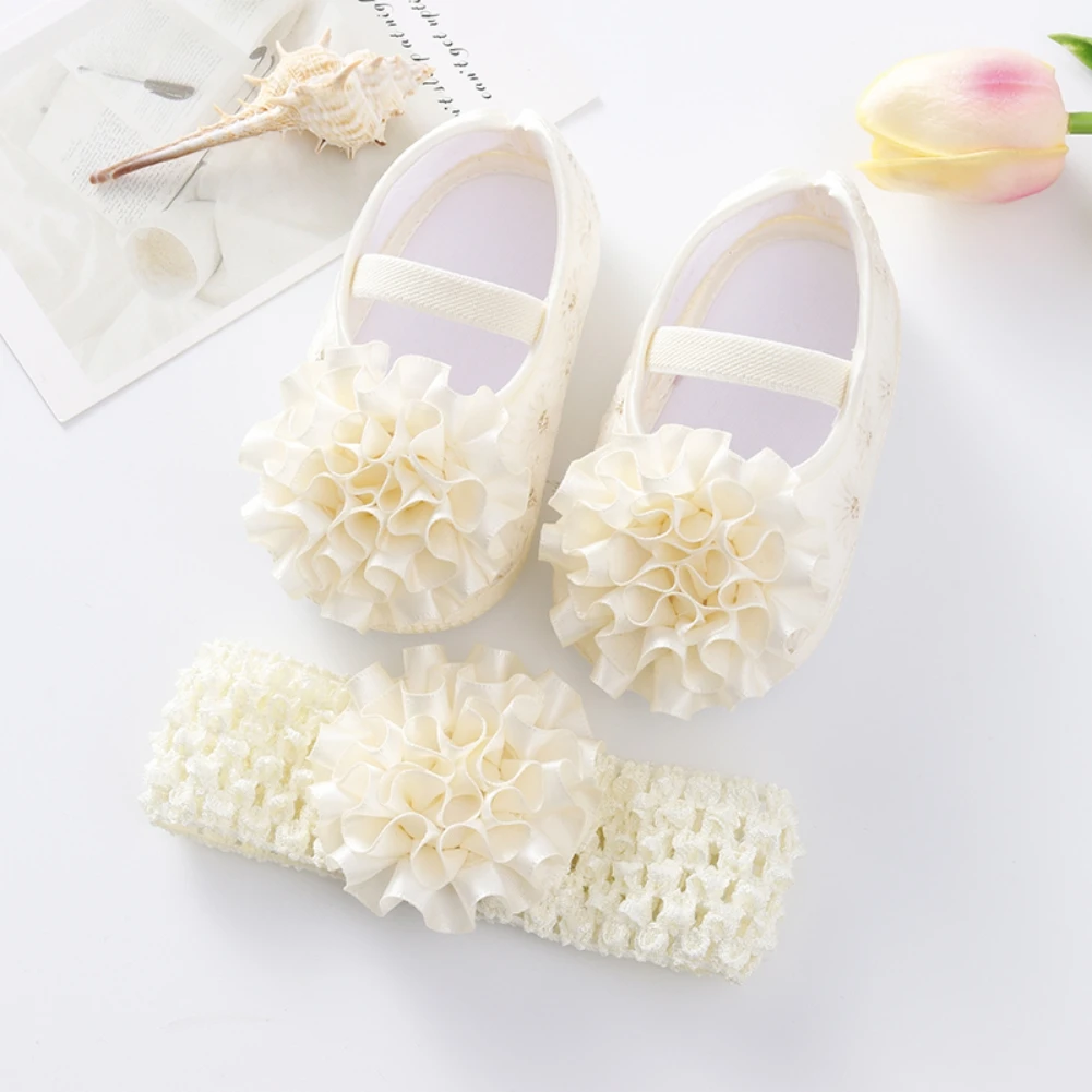 Baby Girls Flats and Headband Sets Newborn Princess Soft Sole Non-slip Flower First Walkers Infant Wedding Dress Walking Shoes