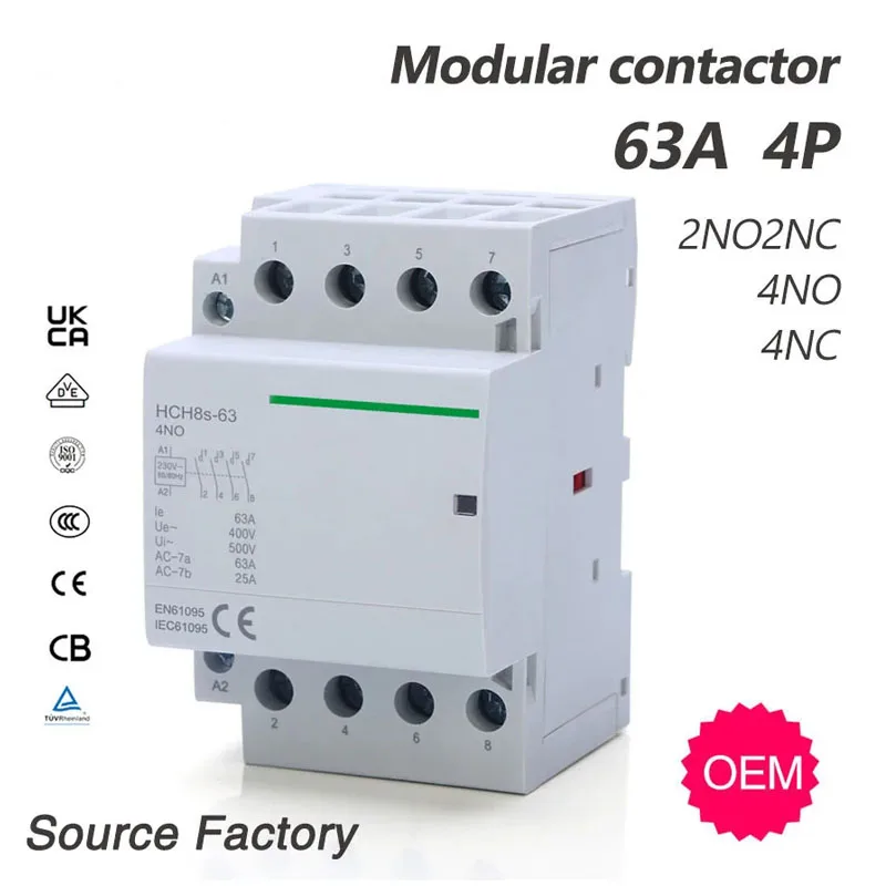 HCH8s-63  Modular Contactor 4P 63A 4NO 4NC 2NO2NC 380V 220V 110V AC 24V Automatic Household Contactor Din Rail Type iCT 50/60Hz