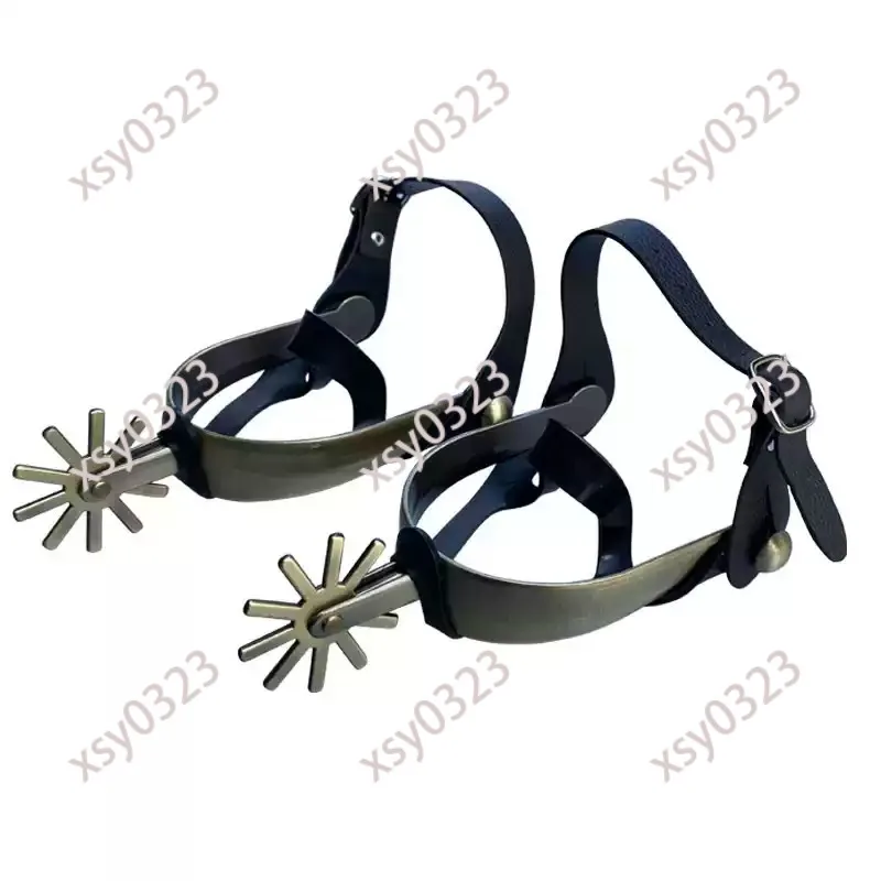 Golden Zinc Alloy Western Horse Spurs With Roller, Matching Straps And Black Rubber Sleeves Equestrian Gear