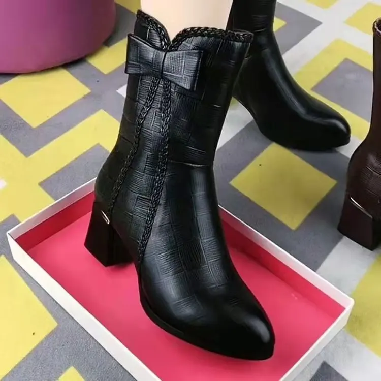 2023Womens Shoes New Fashion Thick Sole Ankle Boots Bow Comfortable Waterproof Mid-calf Heels Women Boots Zapatos De Mujer