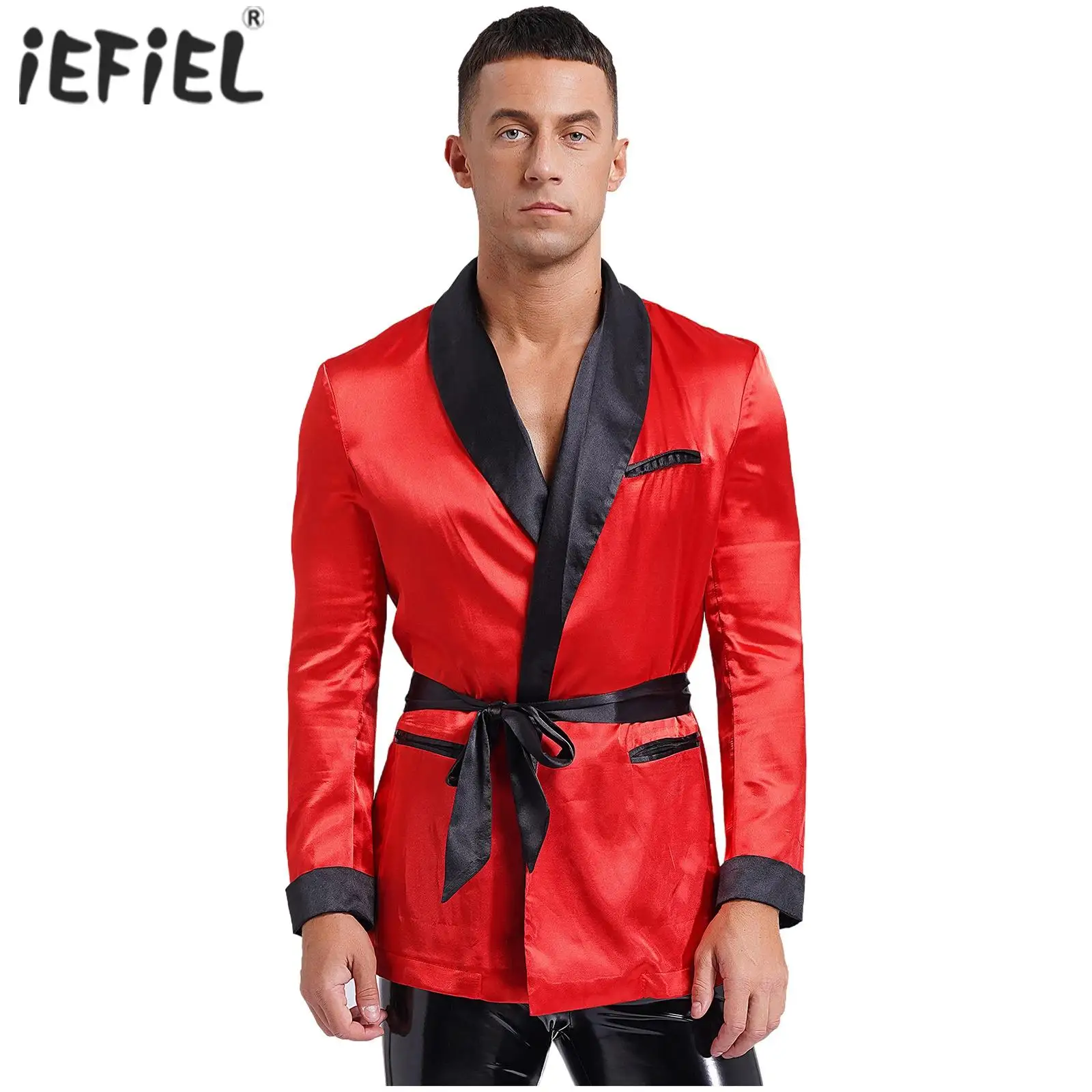 

Mens Sleepwear Jacket Robe with Belt Pajamas Top Lapel Long Sleeve Side Pockets Satin Shirt Kimono Bathrobe Nightwear Loungewear