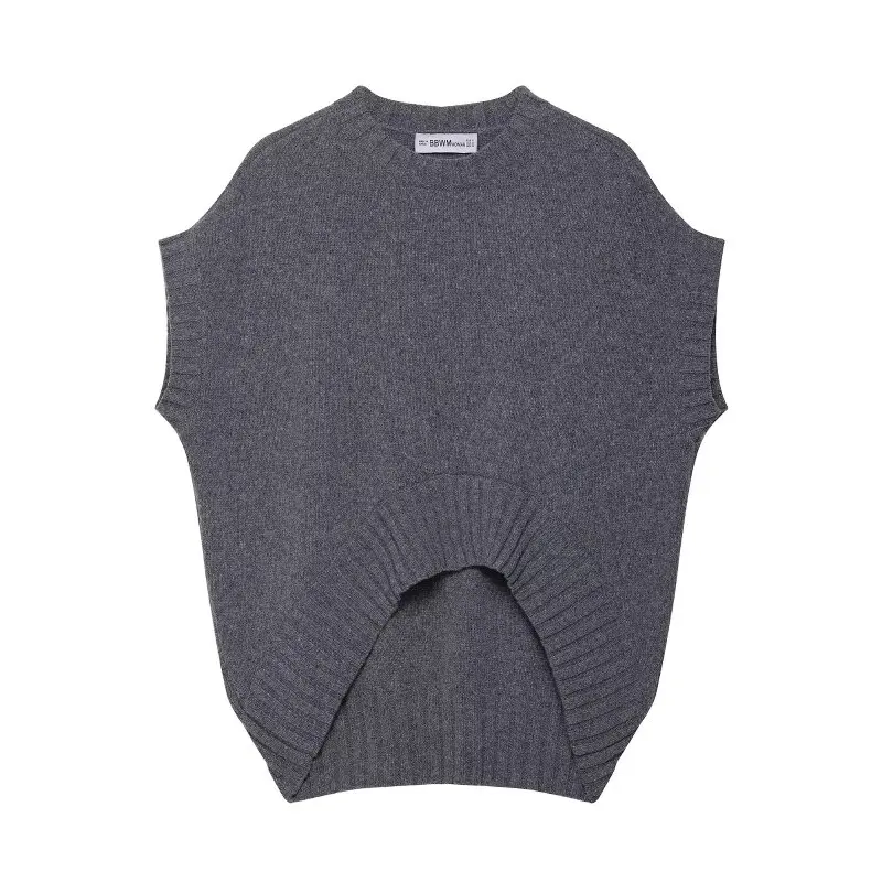 Simple Gray Sweater Vest Women Autumn Winter Round Neck Loose Irregular Knitted Pullover Casual Fashion Sleeveless Tops