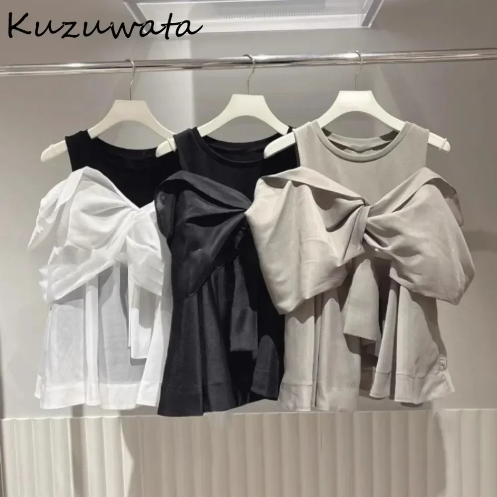 Kuzuwata Mesh Autumn O Neck Garment Sleeves Bow Shirt Patchwork Mujer Off Shoulder Casual Blusas Japanese Sweet Fresh Blouses