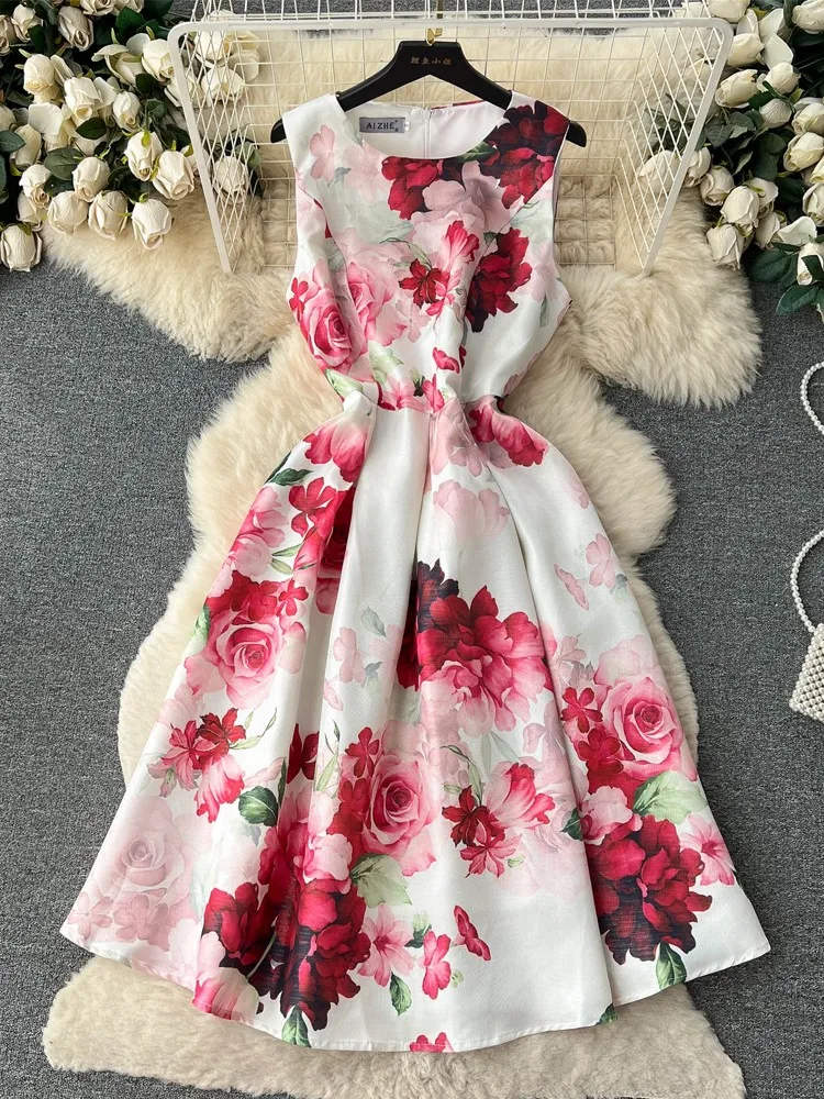 

Lusumily New Summer Long Vintage Dress Women Slim Casual Printed Party Dresses Lady Sleeveless Dress Sweet Girl O Neck Vestidos