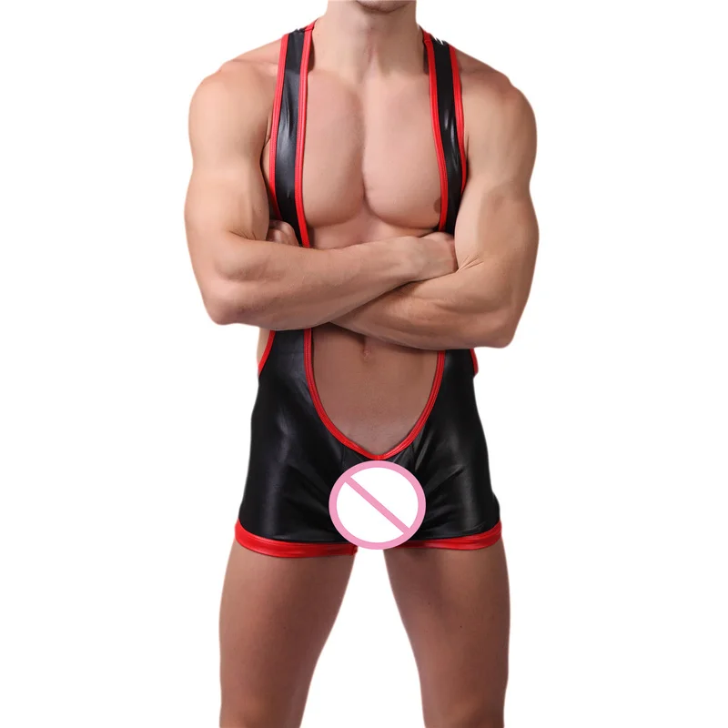 Mens Undershirts PU Leather Jumpsuit Wrestling Singlet Backless Leotard One-Piece Bodysuit Sexy Gay Jockstrap Underwear Clubwear