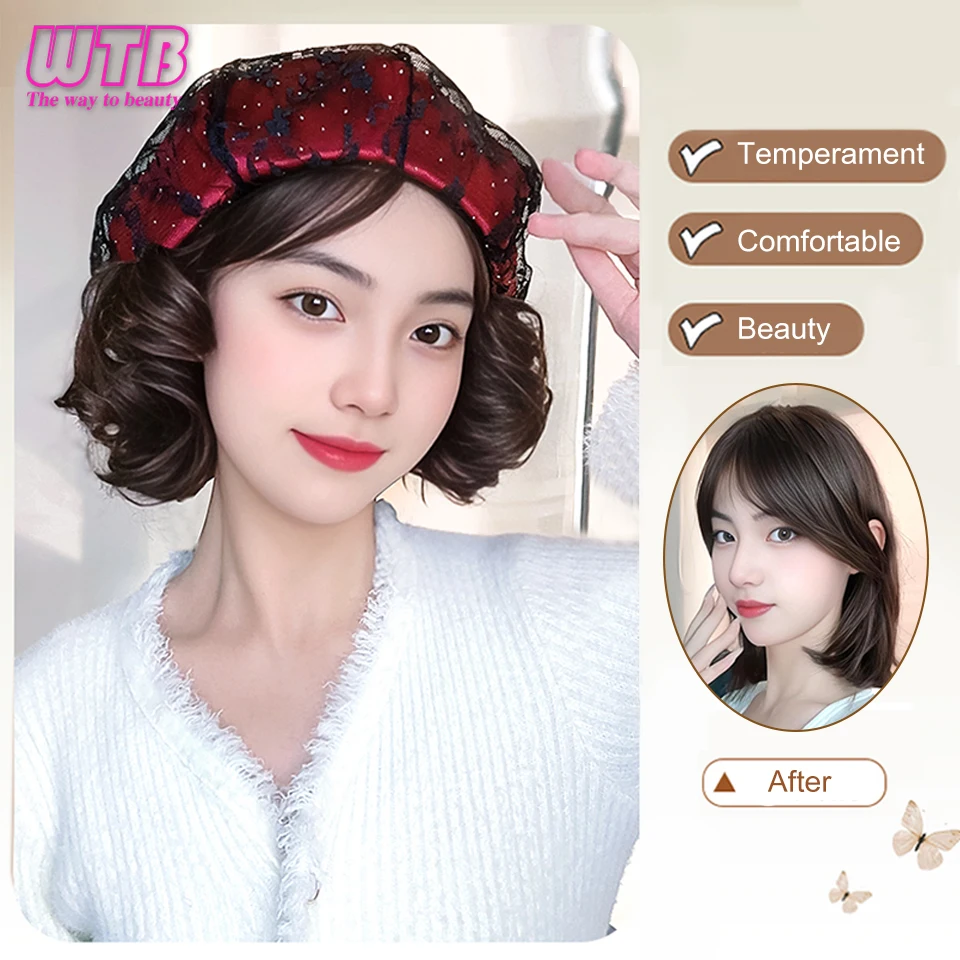 WTB Synthetic Hat Wig Female Lace Short Curly Hair Beret One-piece Fashion Octagonal Wig Hat For women