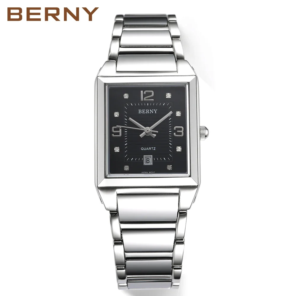 BERNY Tank Watches for Men Calendar Square Stainless Steel Quartz Wristwatch Sapphire Waterproof Dress Business Couple Watch