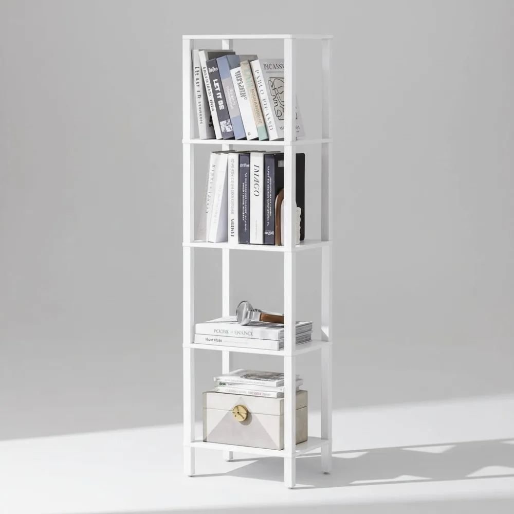 

5-уровневый узкий книжный шкаф высотой 54 дюйма, тонкая полка для хранения вещей для небольших помещений, дисплей в стиле фермерского дома, белый цвет