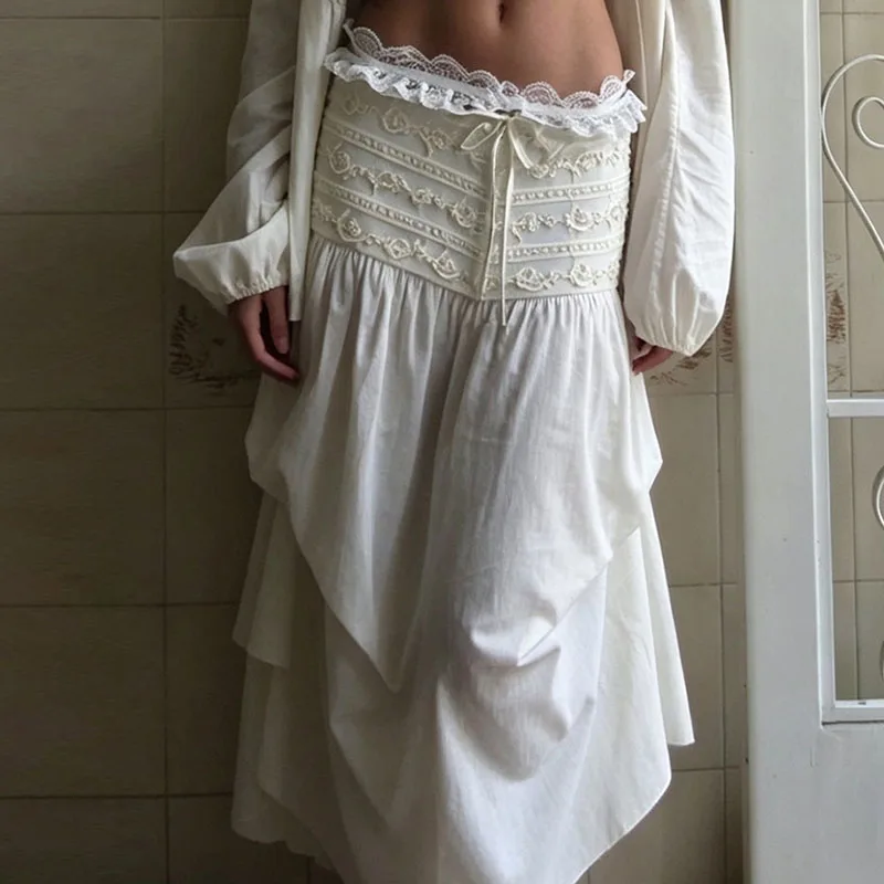 Chic Bow Tie Up Irregular Party Skirt White Draped Beach Woman Half Skirts Fashion Lace Embroidery Patchwork Summer Long Skirt