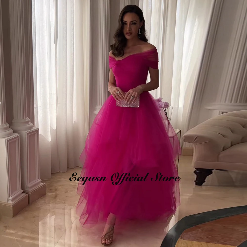 A-line Asymmetrical Tulle Evening Dresses Customized Tea Length Fuchsia Party Pageant Gown Women Prom Event Long Dress