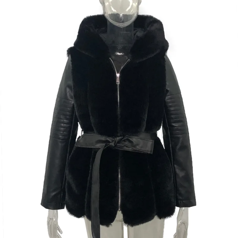 

Winter New Women's Fake Fur Coat Hooded Splicing Strap Coat