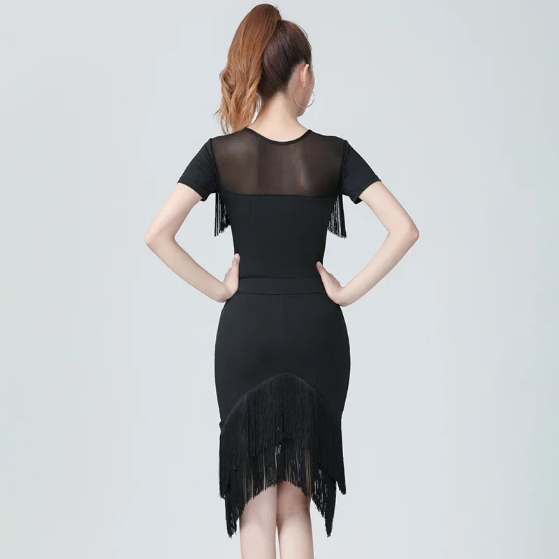 Costume latin pour femmes adultes, haut court et jupe Sexy à franges noires, robe à franges irrégulières pour salle de bal, nouvelle collection 2023