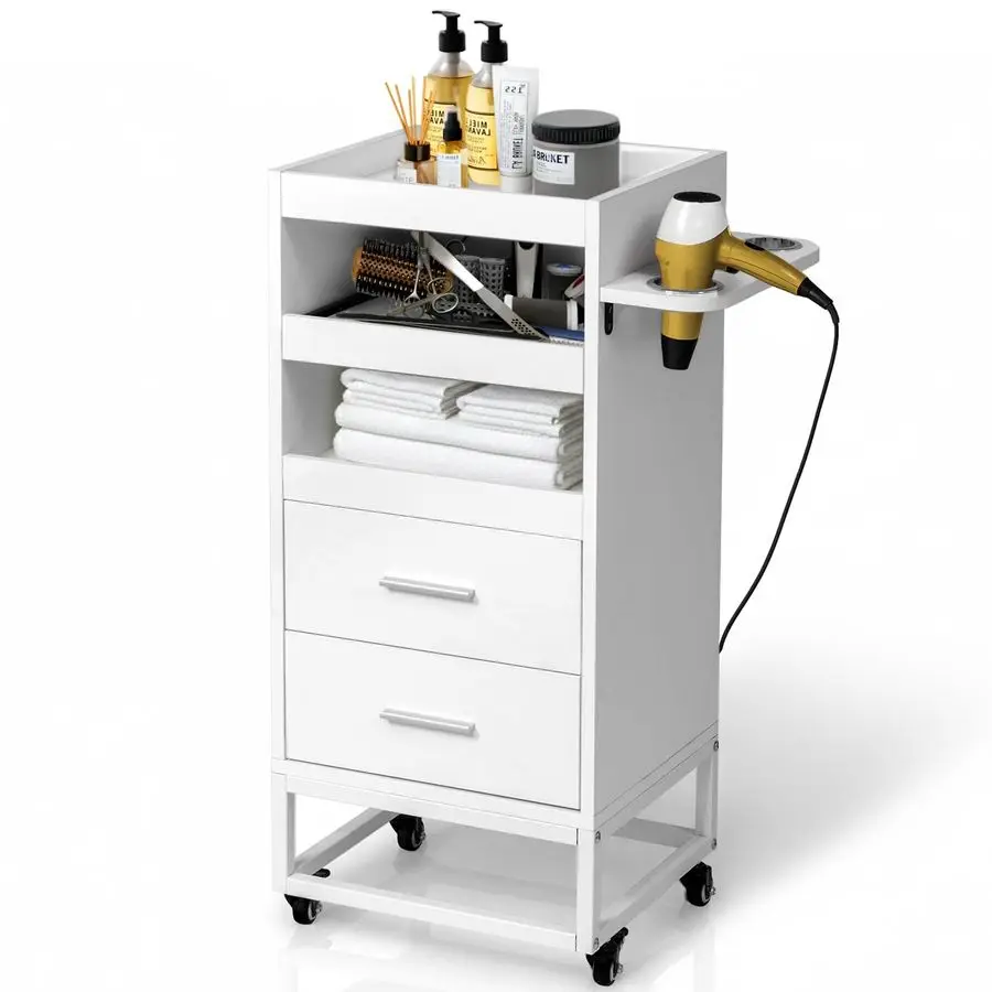 Beauty Salon Trolley Cart, Rolling Hair Cart with Lockable Wheels, 2 Drawers, 3 Tool Holders, Mobile Makeup Organizer Station Ca