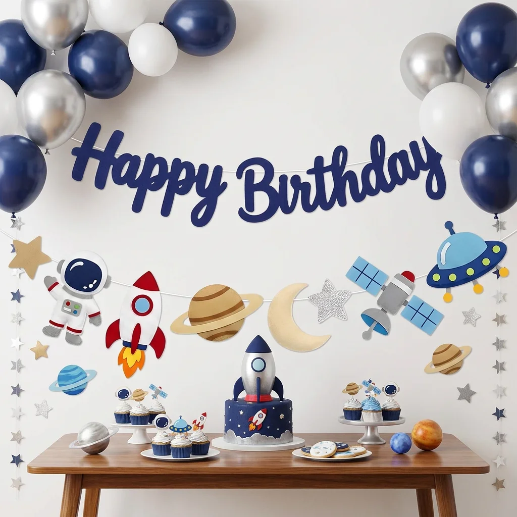 Bannière en feutre pour fête sur le thème de l'espace, guirlande bleue astronaute et vaisseau spatial pour garçons et filles, décoration de fête prénatale ou d'anniversaire sur le thème du système solaire