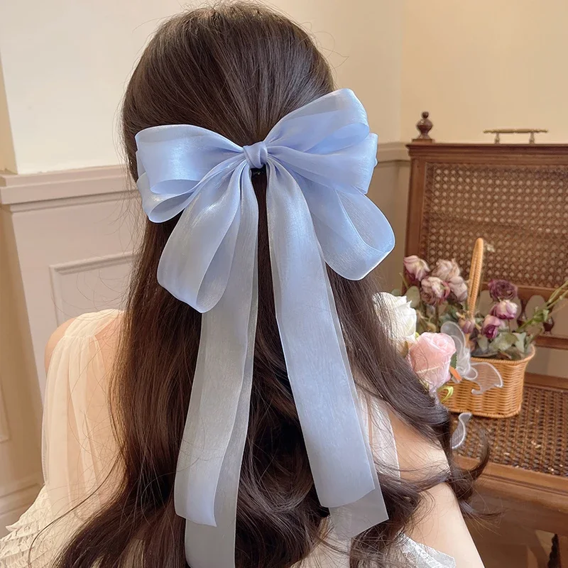 Elegant Red Streamer Large Bow Ribbon Hair Clip For Women Fashion Simple Solid Satin Ponytail Bow Hairpin Girls Hair Accessories