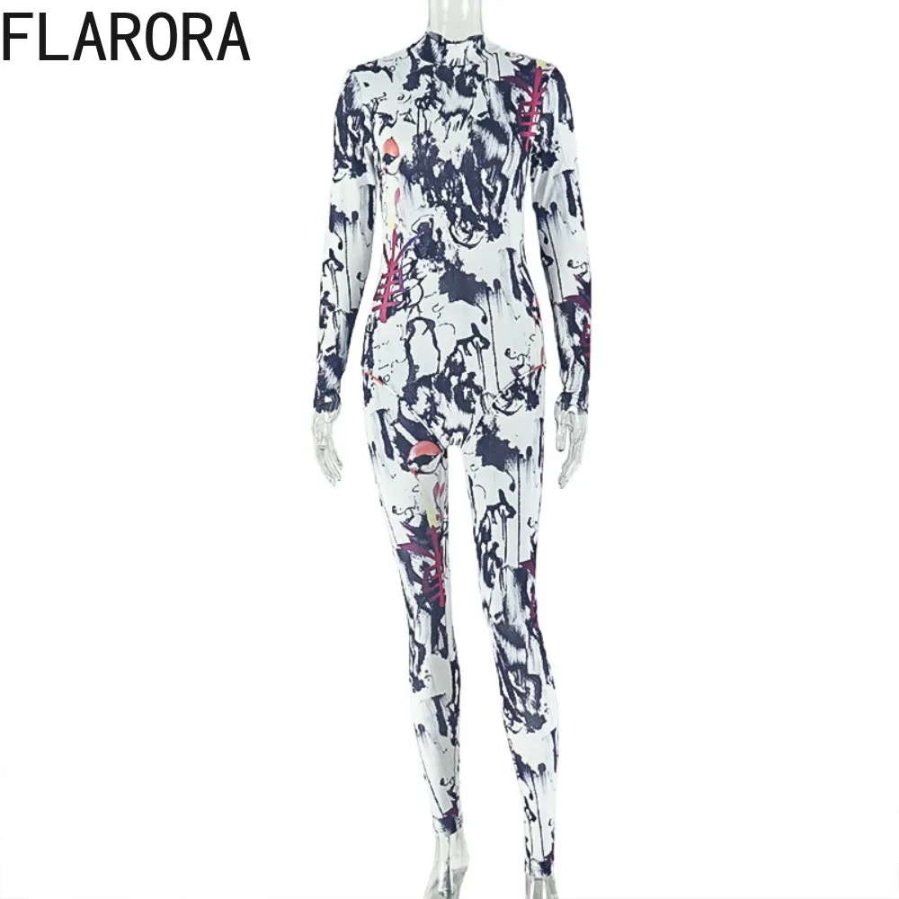 FLARORA Tuta Vintage con Stampa Colorata, Sexy con Scollo Tondo, Maniche Lunghe, Aderente, Monopezzo, Stile Hipster da Strada Notturna
