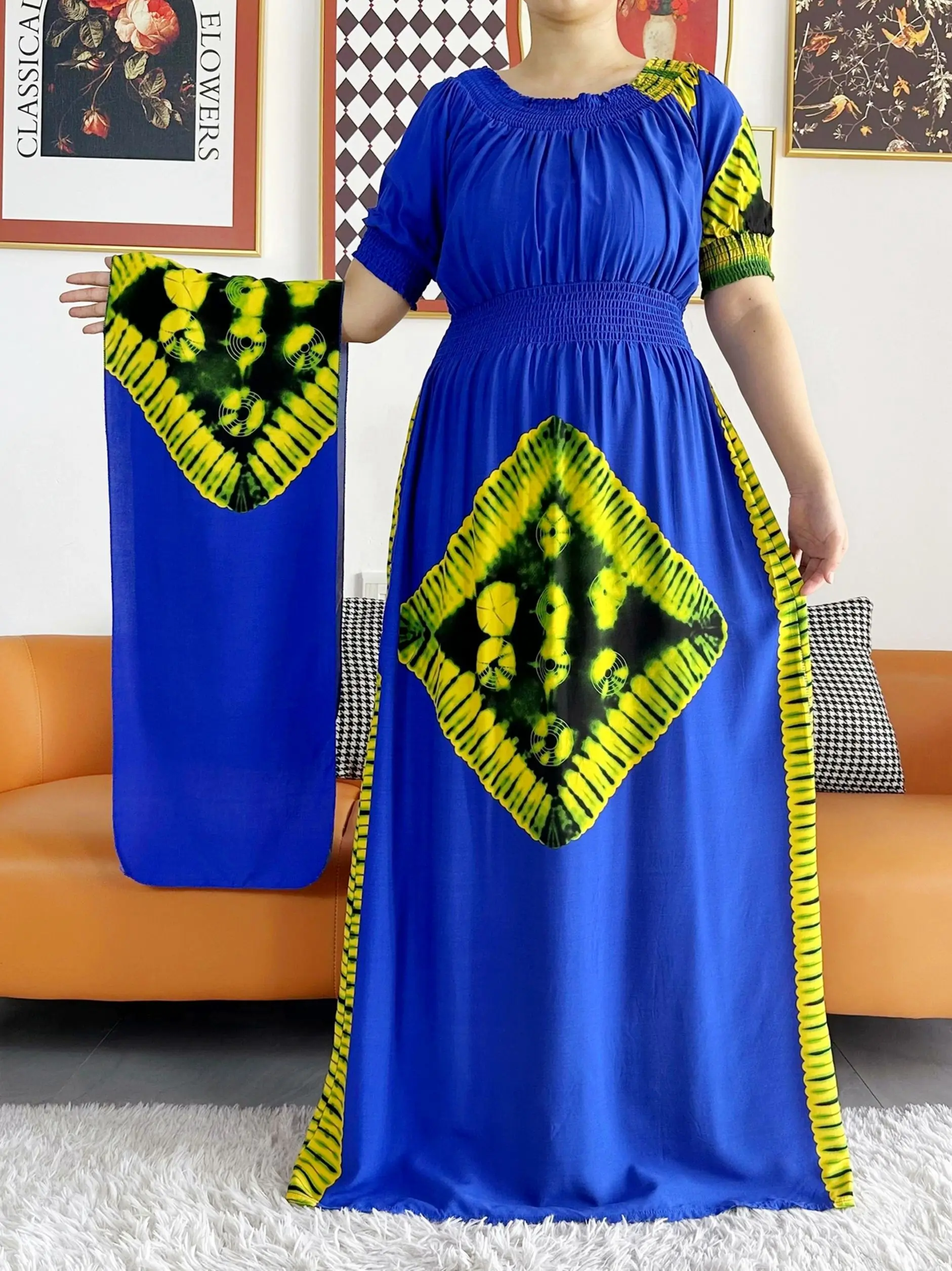 2023 Party Dress African Summer Short Sleeve Dresses Collect Waist Floral Boubou Maxi Islam Women Dress African Abaya Clothes