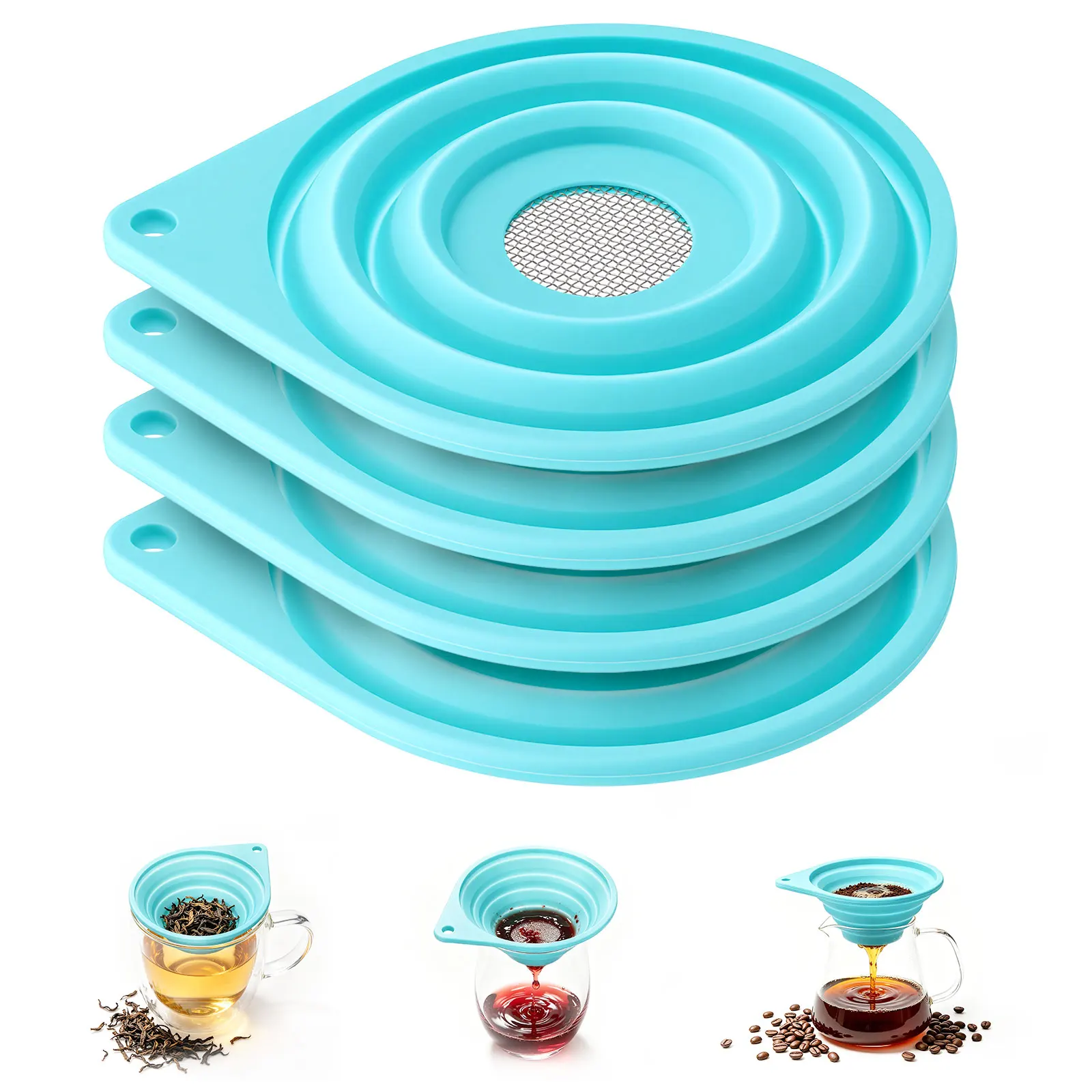 2/4Pcs Fine Mesh Strainer Collapsible Small 4 Inch Silicone Funnel with Stainless Steel Sieve Tea Strainer for Loose Leaf Tea