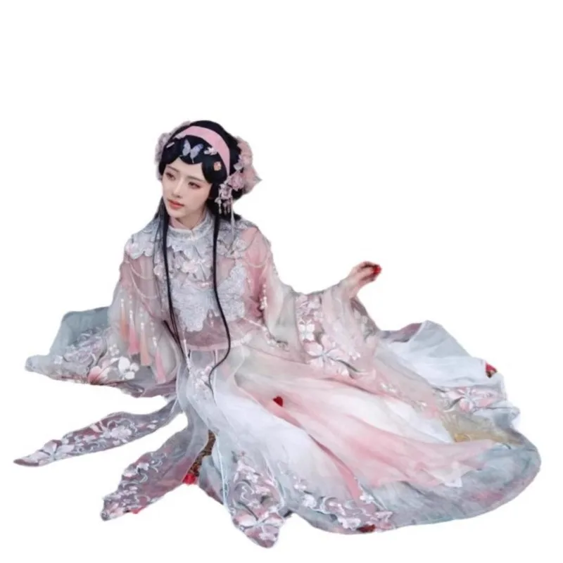 A complete set of new Hanfu women's embroidered long-sleeved blouse and one-piece waist-length skirt