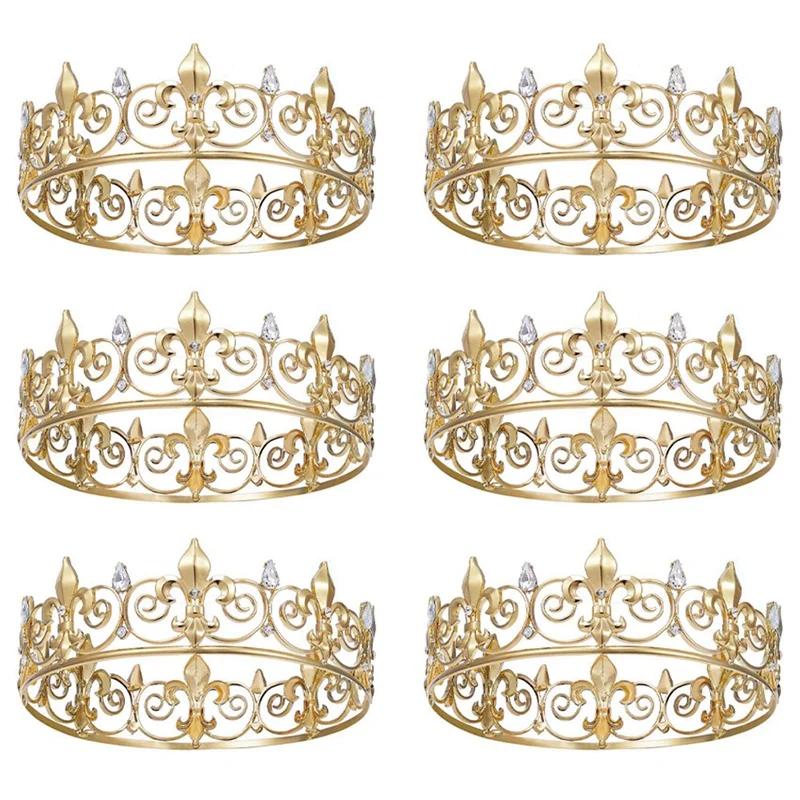 6X Royal King Crown For Men - Metal Prince Crowns And Tiaras, Full Round Birthday Party Hats,Medieval Accessories (Gold)