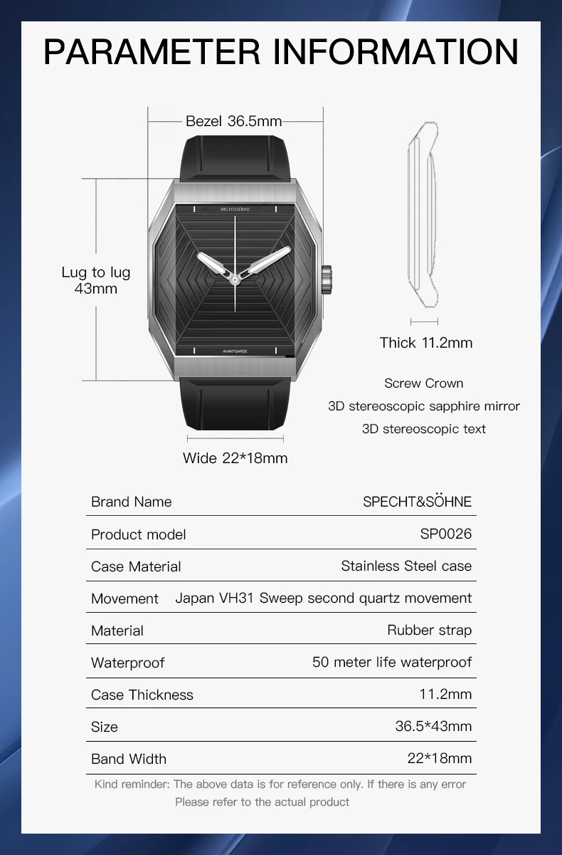 Luxury Brand Specht & Söhne New Classic Men\'s Wrist Watch Stainless Steel Blue Rubber Strap Waterproof Luminous Sport Watches