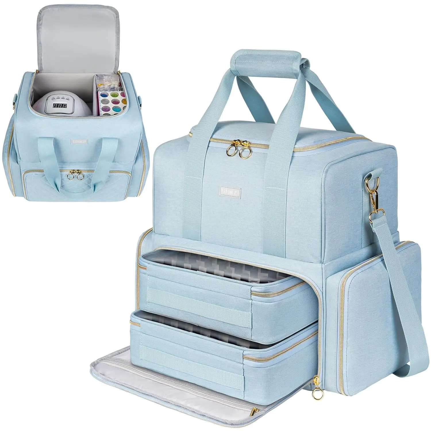 

Portable Nail Polish Organizer with 80+ Bottle Slots, Removable Bags, and LED Lamp Holder in Blue