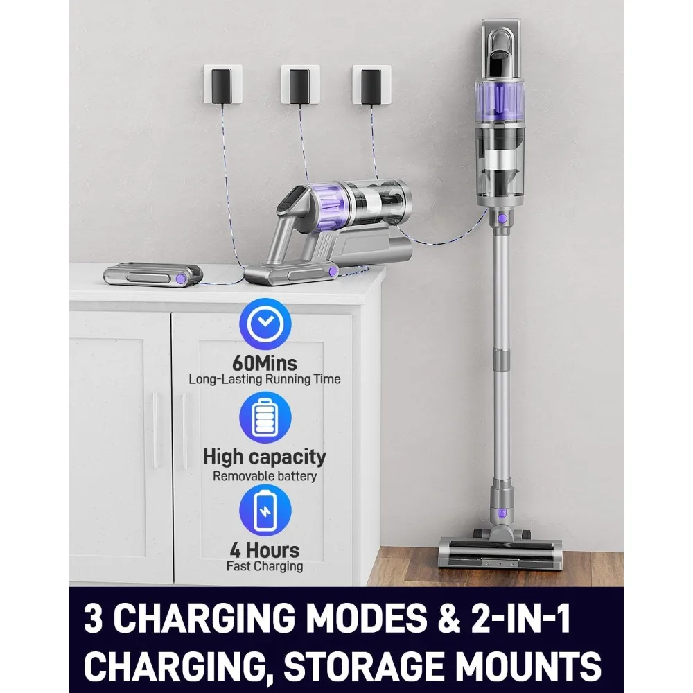 مكنسة كهربائية لاسلكية، مكانس كهربائية للمنزل، 45KPA 550W عصا محمولة محمولة 60 دقيقة وقت التشغيل بطارية قابلة للشحن للحيوانات الأليفة