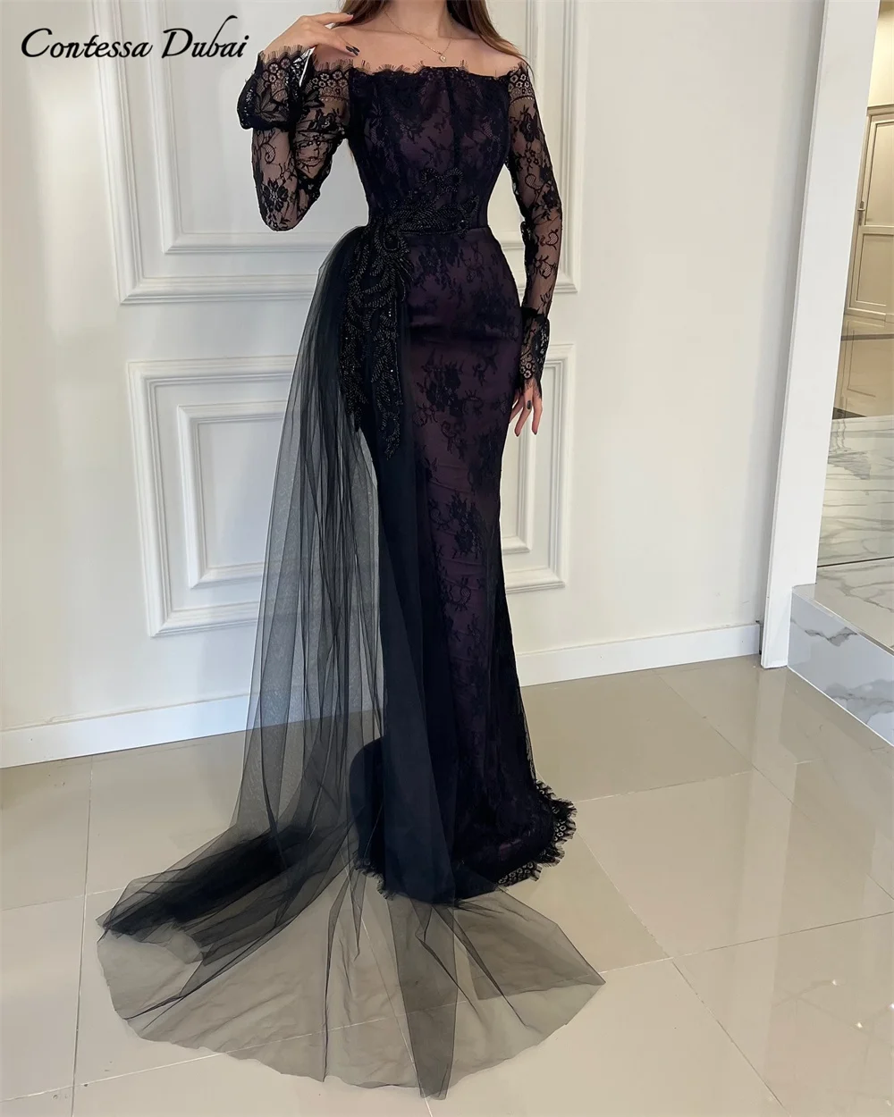 

Contessa Dubai Кружевное платье русалки на заказ для выпускного вечера с элегантным шлейфом Vestidos de noche с открытыми плечами Вечернее платье для вечеринок 2025