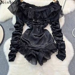 Summer Romper Fashion Korean Jumpsuit Women Clothing Slash Neck Long Sleeve Slim Waist Bodysuit Ruffles Bodycon Sexy Playsuit