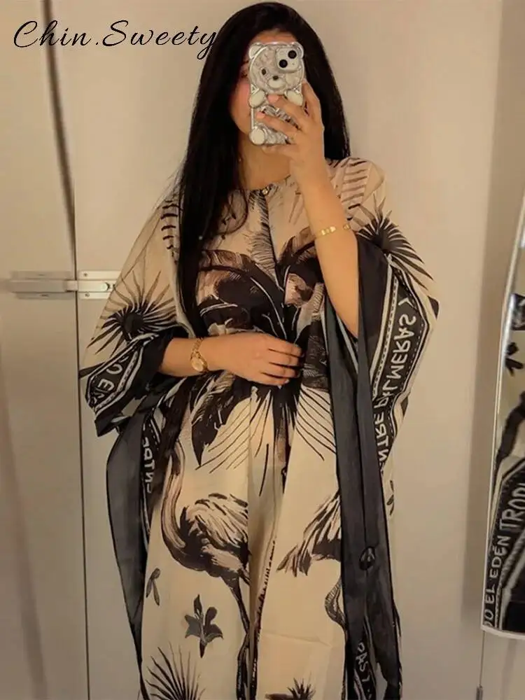 فستان أنيق مطبوع طويل مطوي للنساء فضفاض برقبة دائرية وأكمام طويلة فساتين الحفلات 2025 صيفي للسيدات لقضاء العطلات على الشاطئ جديد