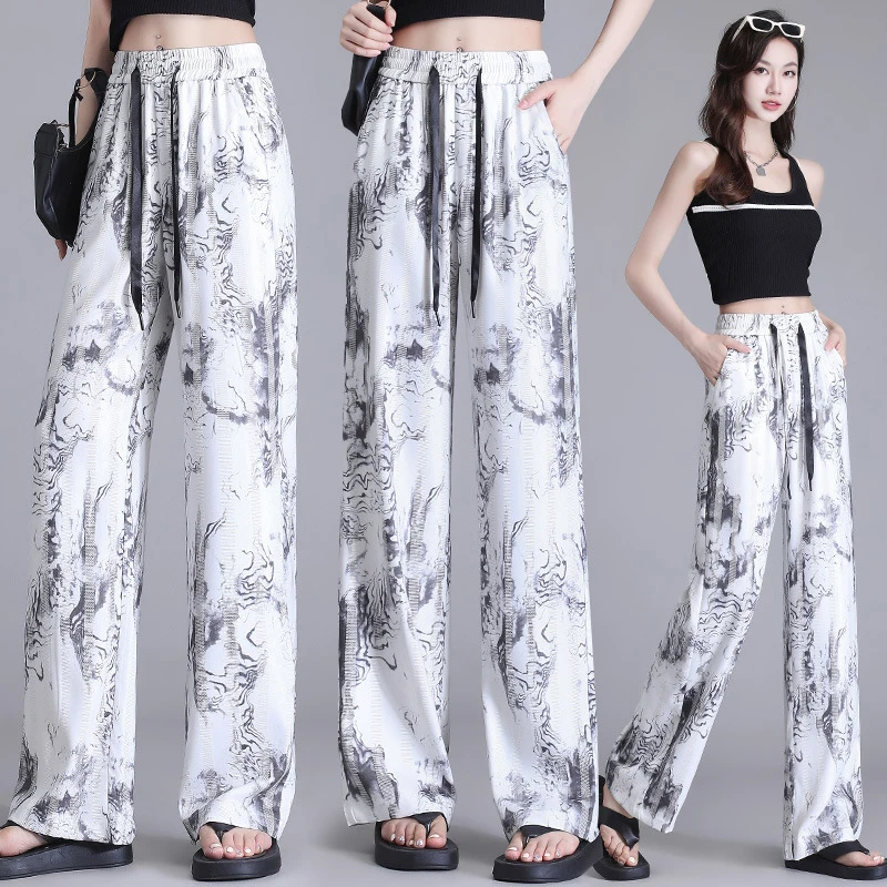 

Ink painting tie-dye pants for women, summer straight-leg printed casual pants for middle-aged and elderly, floor-length thin wi