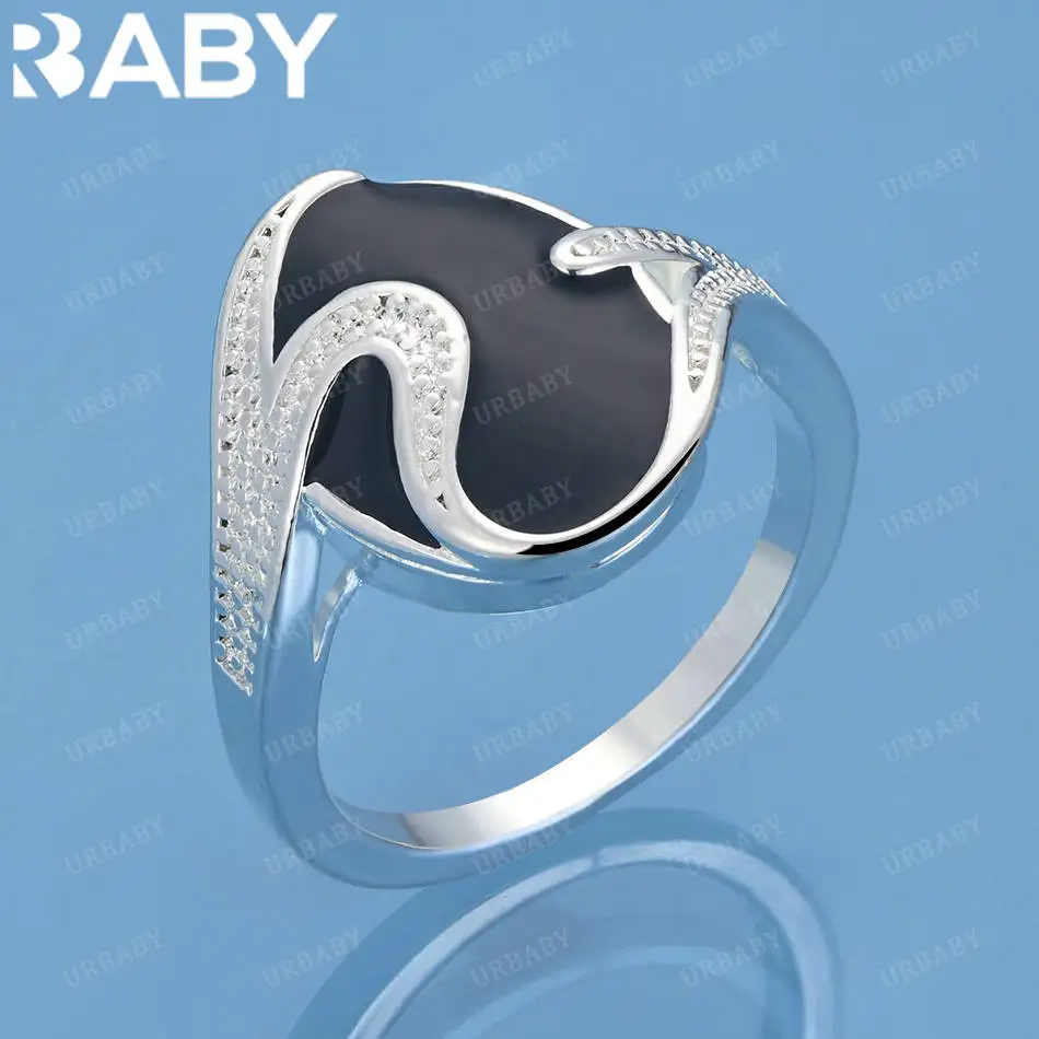 

URBABY 925 Sterling Silver Size 7-10 Black Geometric Ring For Women Men Fashion Jewelry Charm Grace Noble Wedding Accessories
