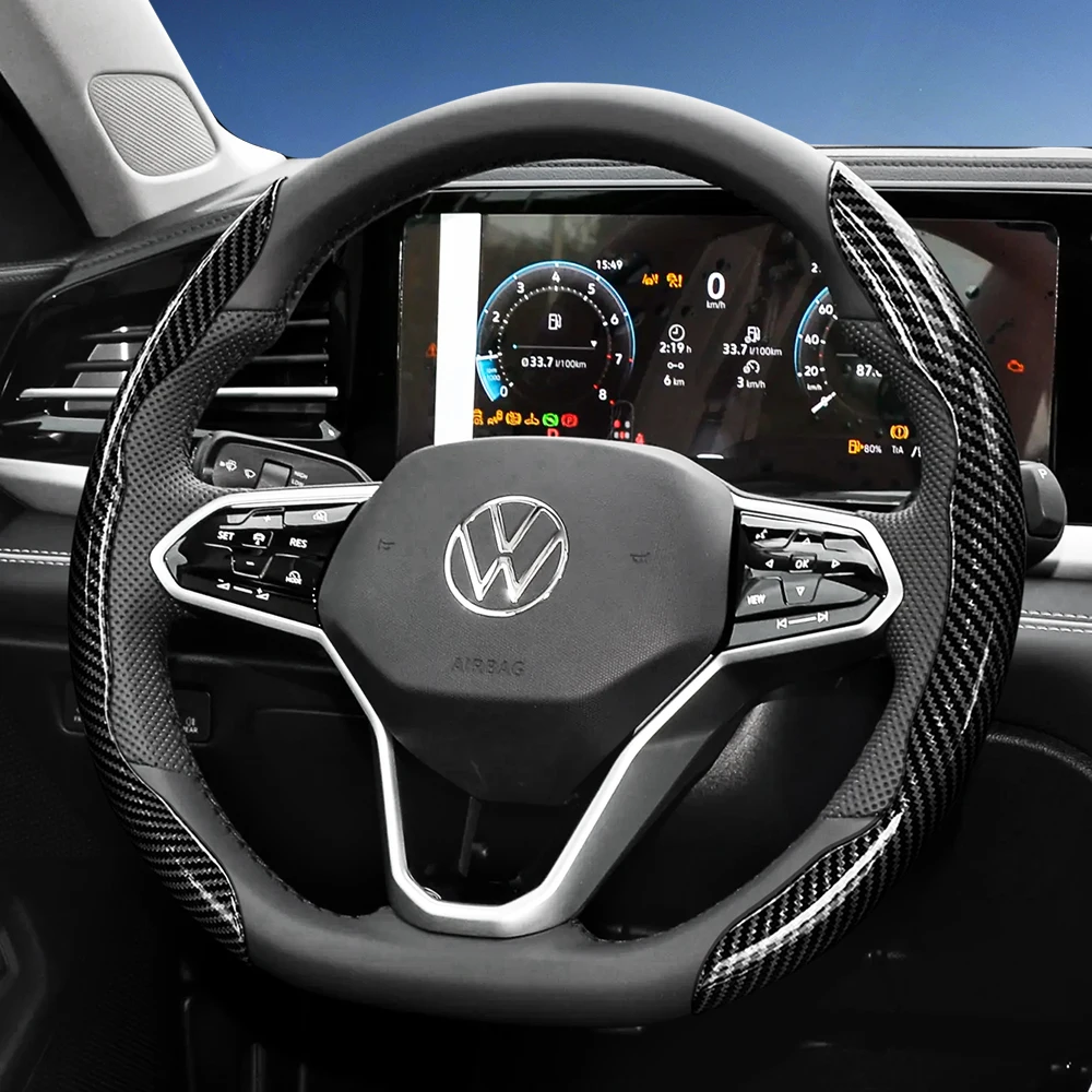 Funda para Volante de Coche con Textura de Fibra de Carbono, Compatible con Volkswagen, Diseño Segmentado de Liberación Rápida, Duradera, para Tiguan, Golf, T-Roc, Polo, Passat, Jetta, Id.3, Id.4 	   Atlas Teramont Taos T-Cross Taigo Touran