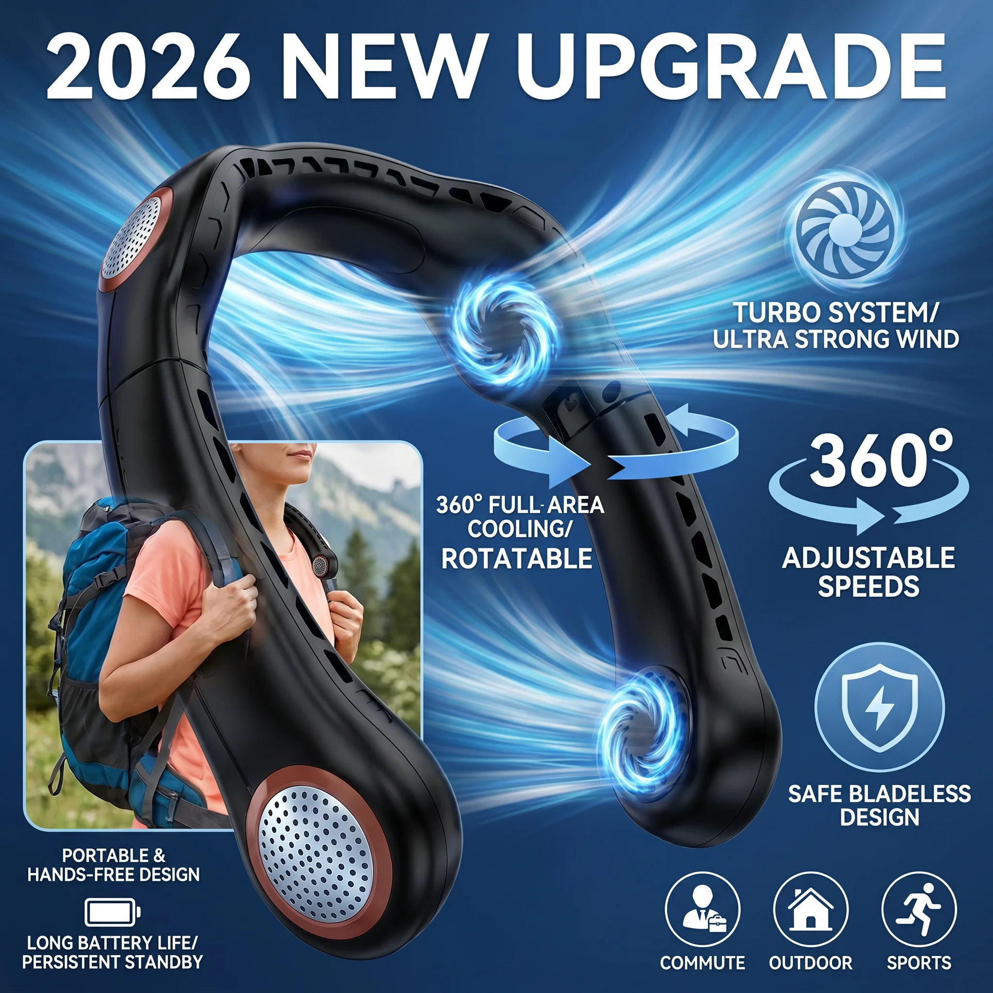 Novo Modelo 2026: Ventilador de Pescoço Dobrável com 4 Motores, Bateria de 5000mAh, Recarregável via USB, Portátil, 3 Velocidades de Vento, Mini Ventilador Elétrico Sem Lâminas