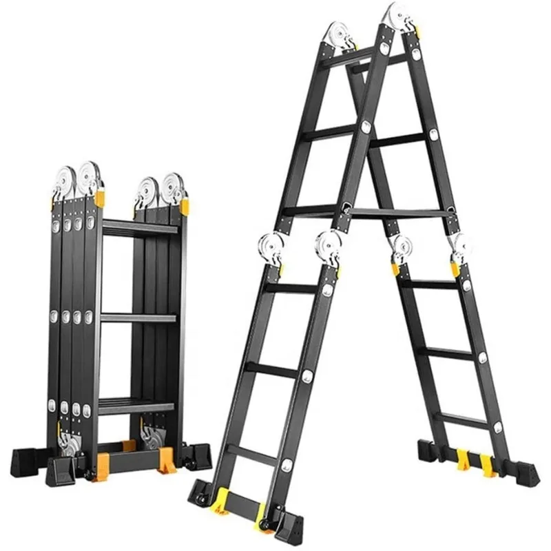 Black industrial aluminum telescopic folding ladder, multifunctional 4x3-4x6