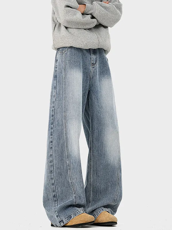 

American Style Casual Loose Fit Bamboo Texture Men's Jeans Autumn Winter Vintage Straight Leg Pants Comfortable Straight Tube