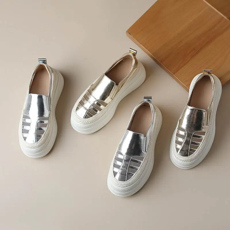 Krazing Pot Cow Leather Brand Ventilate Leisure Round Toe Hollow Decoration Platform Sneakers Slip On Women Vulcanized Shoes