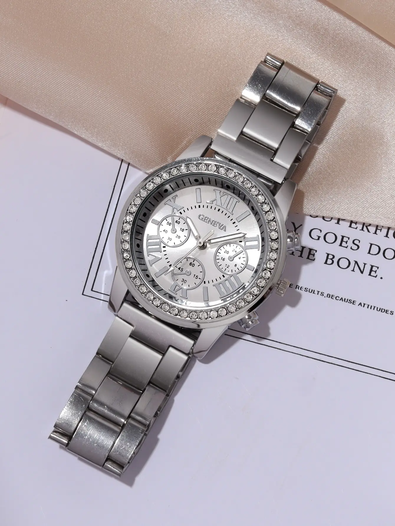 Geneva alloy diamond studded steel strip watch for men, Geneva quartz watch for men