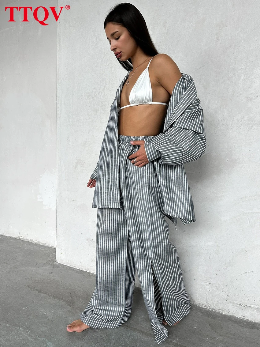 

TTQV Fashion Loose Stripe 2 Piece Set Women Elegant Long Sleeve Shirt With Hig Waist Wide Pants Set Female Clothing Streetwear