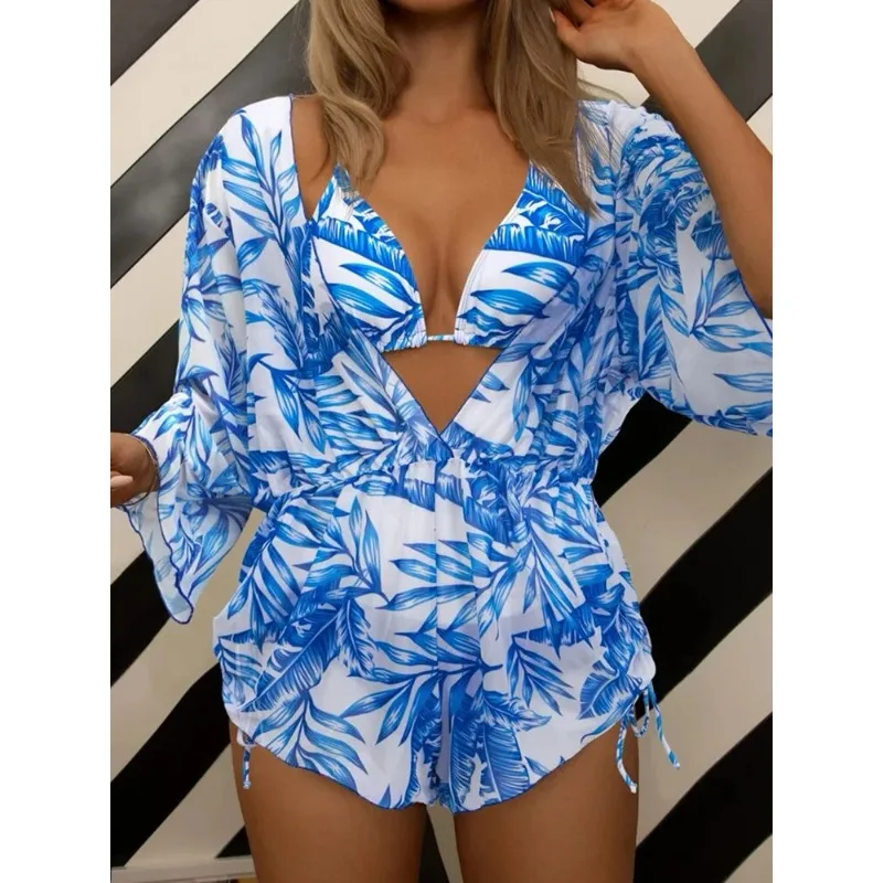 

2026 Print Cross V Neck Large Size Halter Bikini 3 Piece Swimsuit Women Swimwear Female Bathing Swimming Swim Suit Beach Bathers